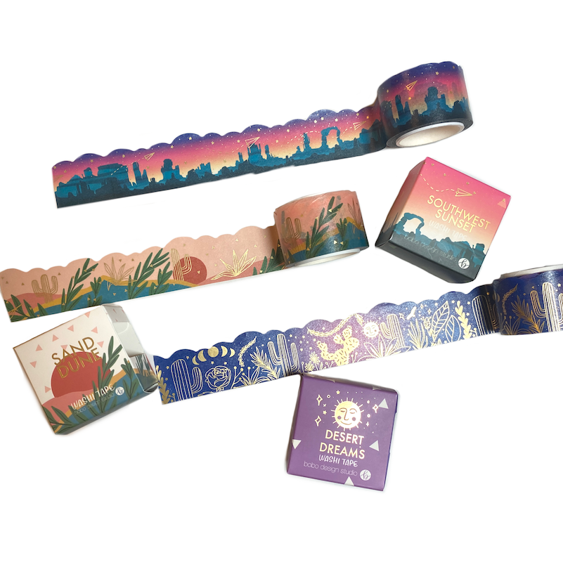 cloud cut washi tape bundle southwest sunset, sand dune, and desert dreams rolled out with their boxes they come in by them