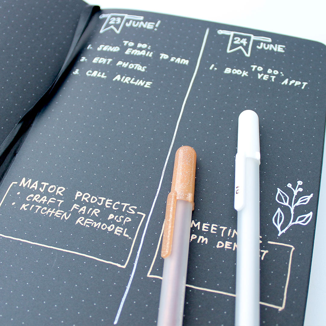 open black page dot grid journal showing a page with words written in white and copper gel pens on top of page