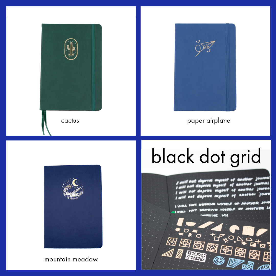 a four photo grid top left corner the green black page dot grid journal with the gold cactus image on front to the right the blue black page dot grid journal with a paper airplane image on front bottom left a blue black page dot grid journal with a scenic mountain image with a moon and on the bottom right corner two open black page dot grid journals with words and drawings on them