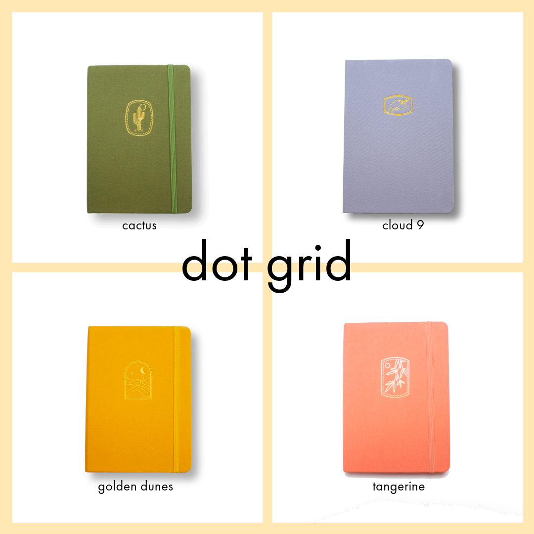 a four photo grid layout on the top left corner a green journal with a gold cactus decal top right corner a light purple journal with a gold cloud decal bottom right corner a coral notebook with a tangerine tree decal in gold bottom left corner a gold notebook with a gold dune decal with a moon