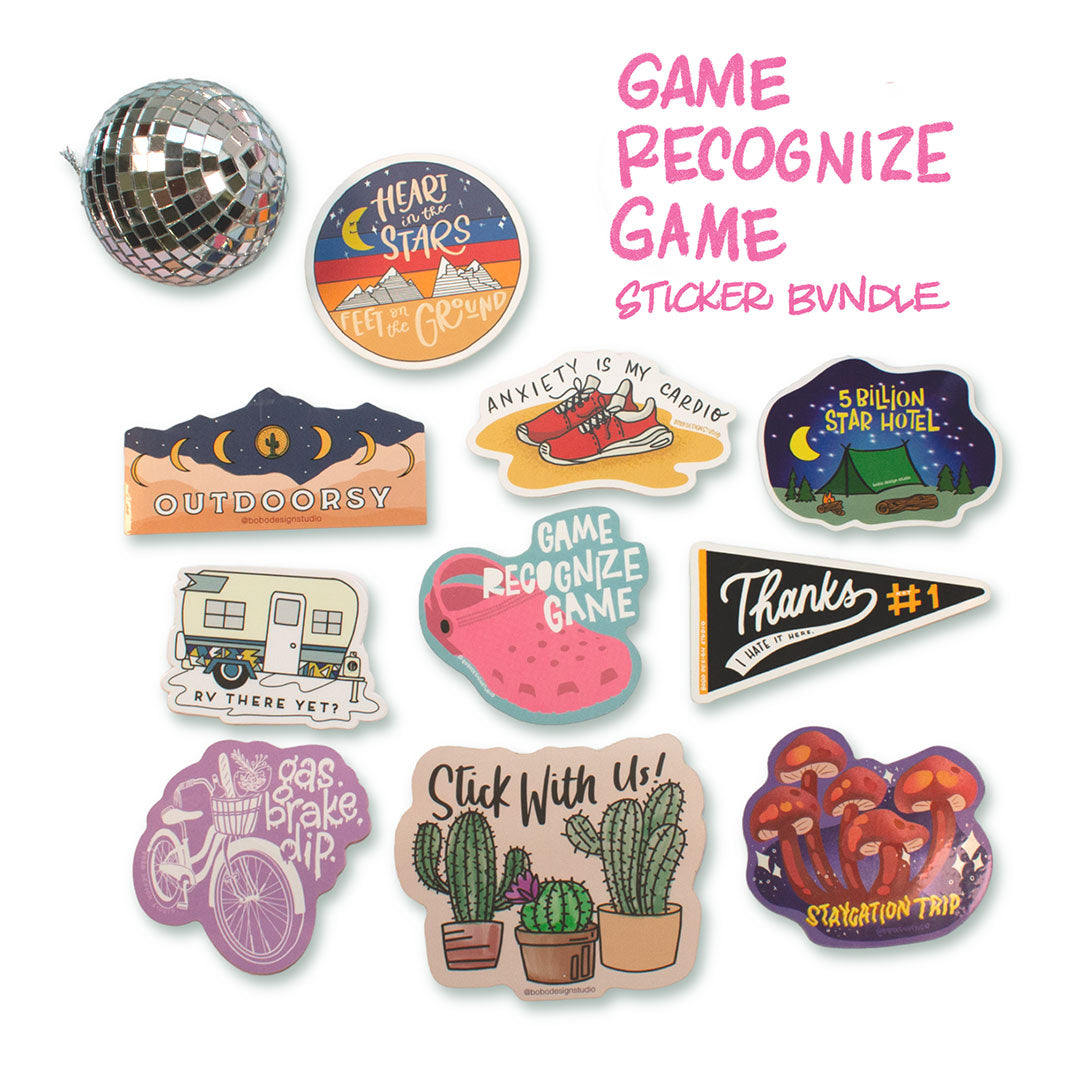 pink text on the top right of the image that says "game recognize game sticker bundle" with ten stickers on the page and a mini disco ball on the top left
