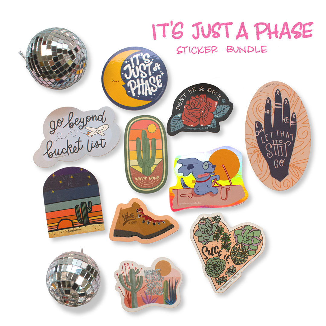 pink text on the top right corner that says "its just a phase sticker bundle" with ten stickers spread out and a mini disco on the bottom and top left corner
