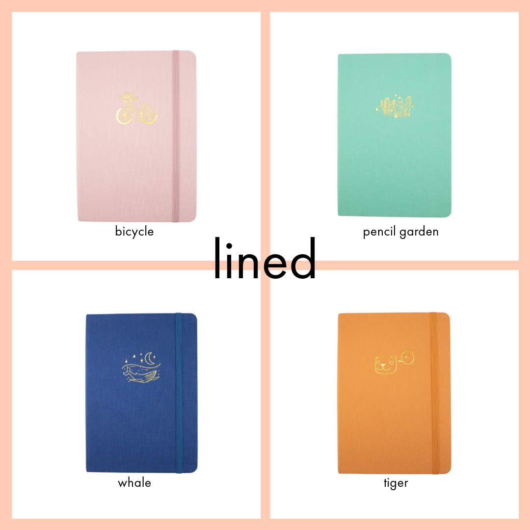a four photo grid layout on the top left corner a pink journal with a gold bicycle decal bottom left corner a blue journal with a gold whale decal and bottom right corner a orange journal with a gold tiger face and the word hi. top right corner a teal colored journal with a pencil garden decal in gold