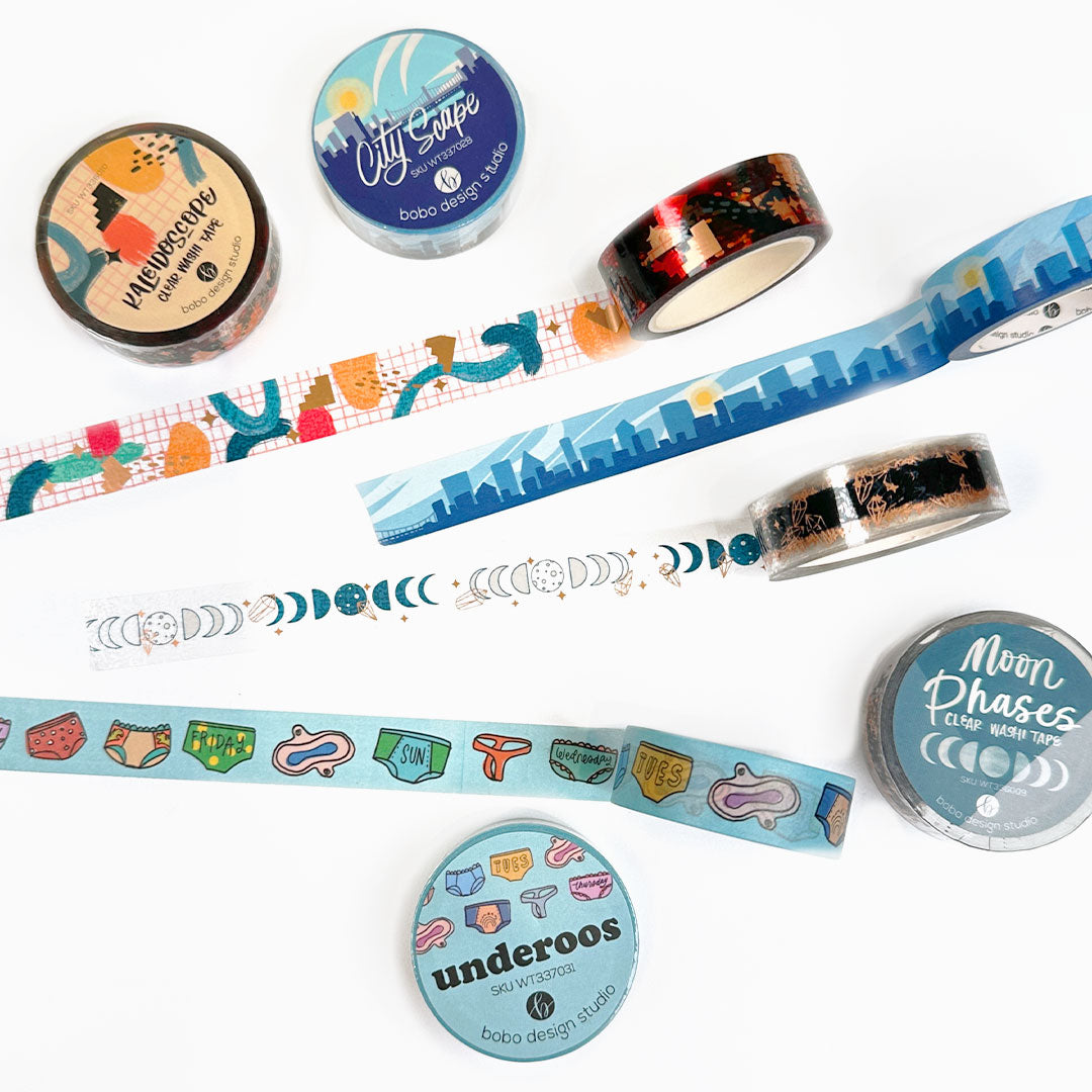 four bobo washi tapes for the bundle with the designs rolled out