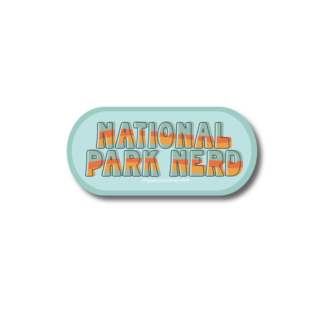 oval sticker that says national park nerd