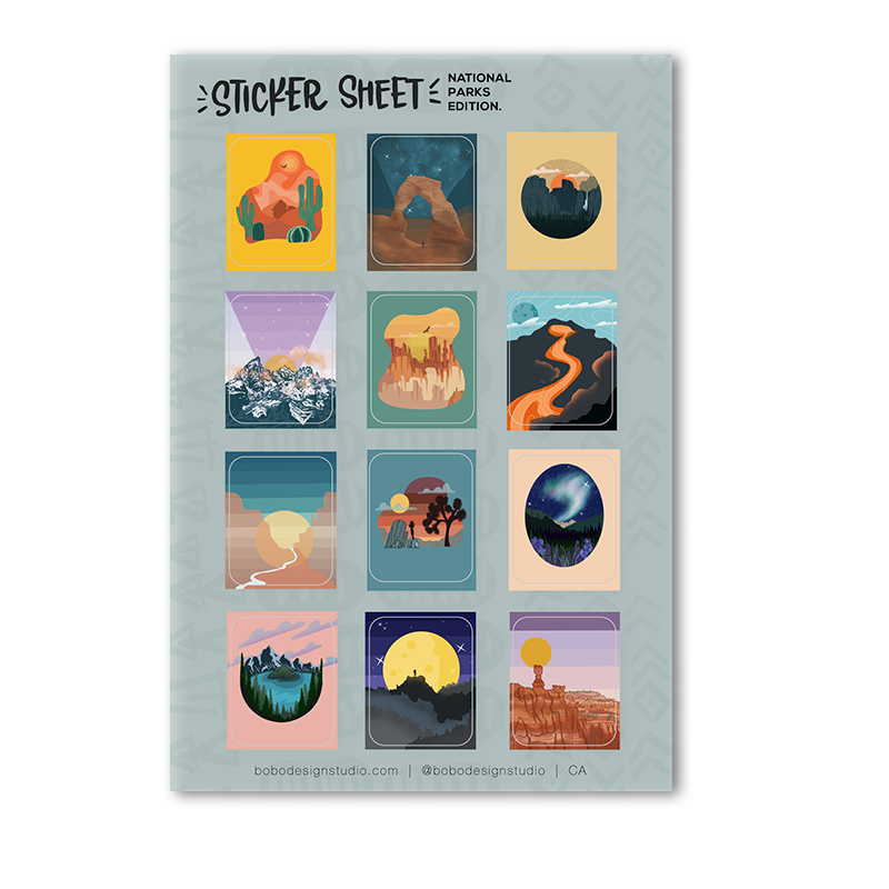 bobo design studio national parks sticker sheet featuring 12 national parks