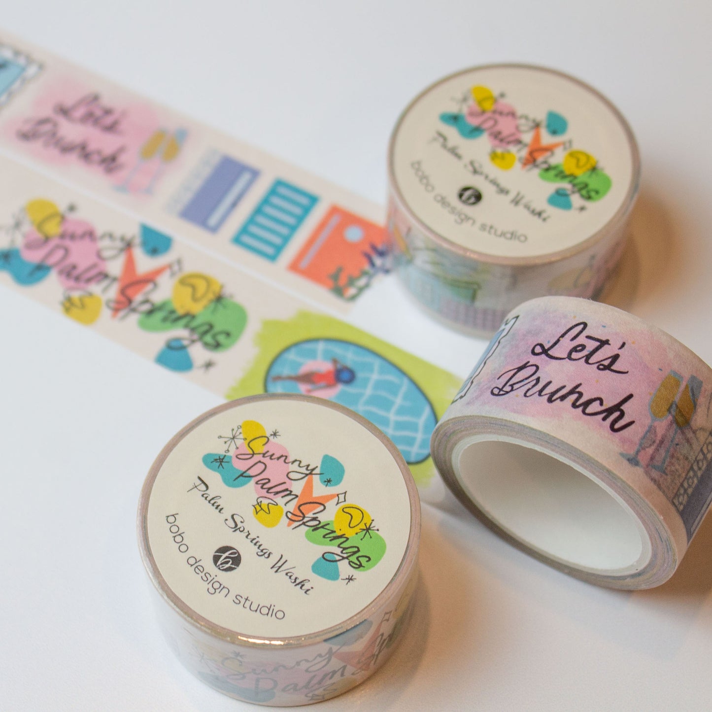 two palm springs washi tapes rolled out with various palm springs designs