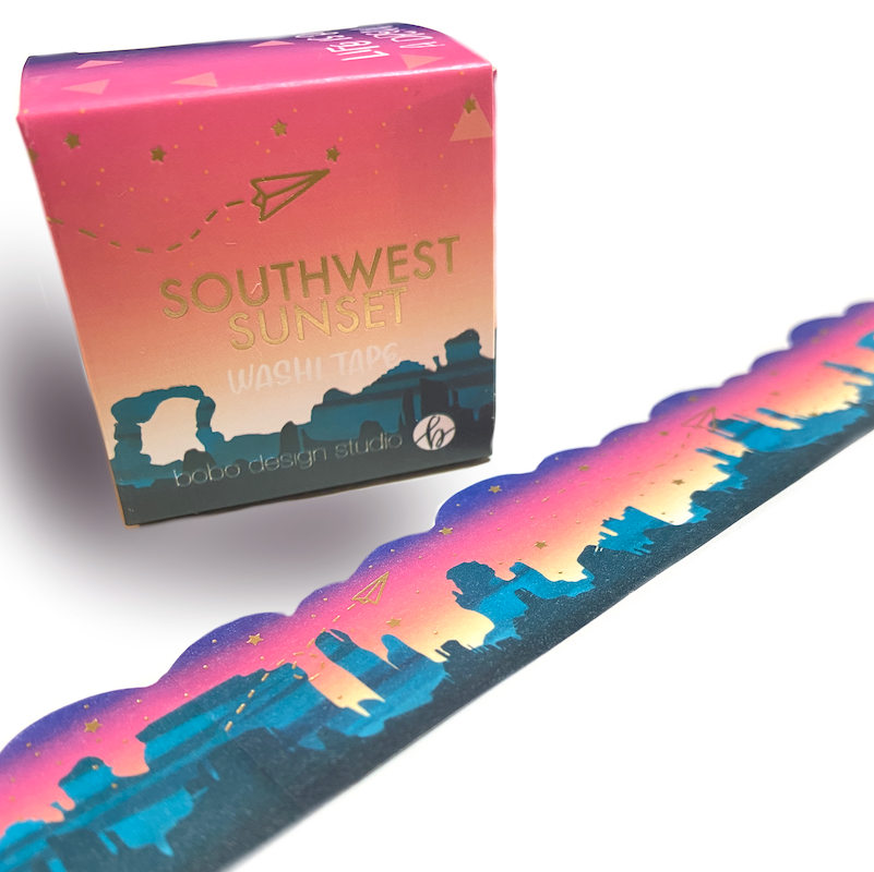 Southwest Sunset Washi tape featuring gold foil stars on a desert backdrop