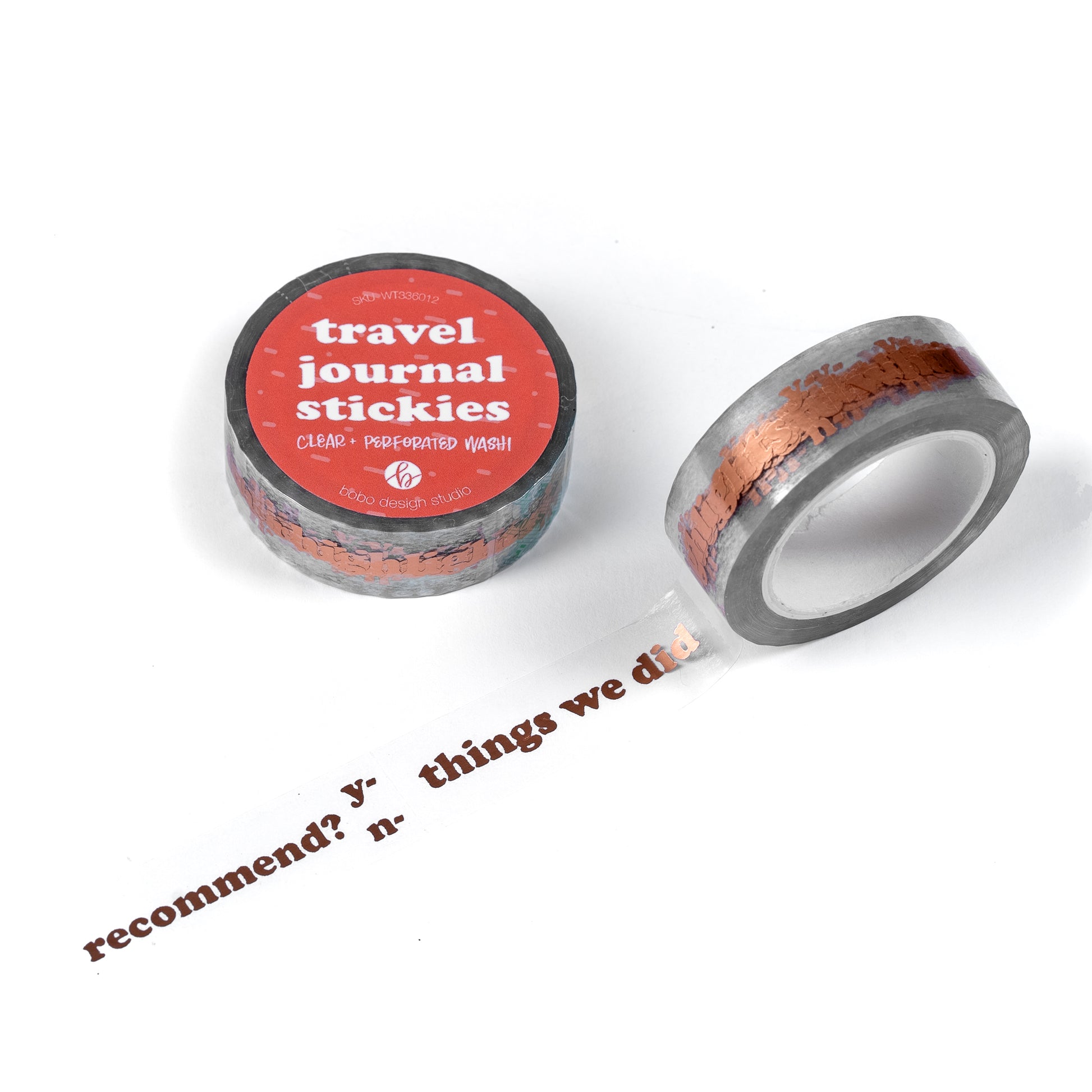 Foiled and perforated clear washi tape with prompts for your travel or bullet journal