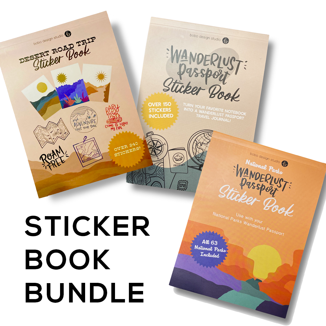 bottom left corner in black text says "sticker book bundle" three sticker bundles spread out n the left the desert road sticker book middle wanderlust passport sticker book and on the right is the national parks wanderlust passport sticker book