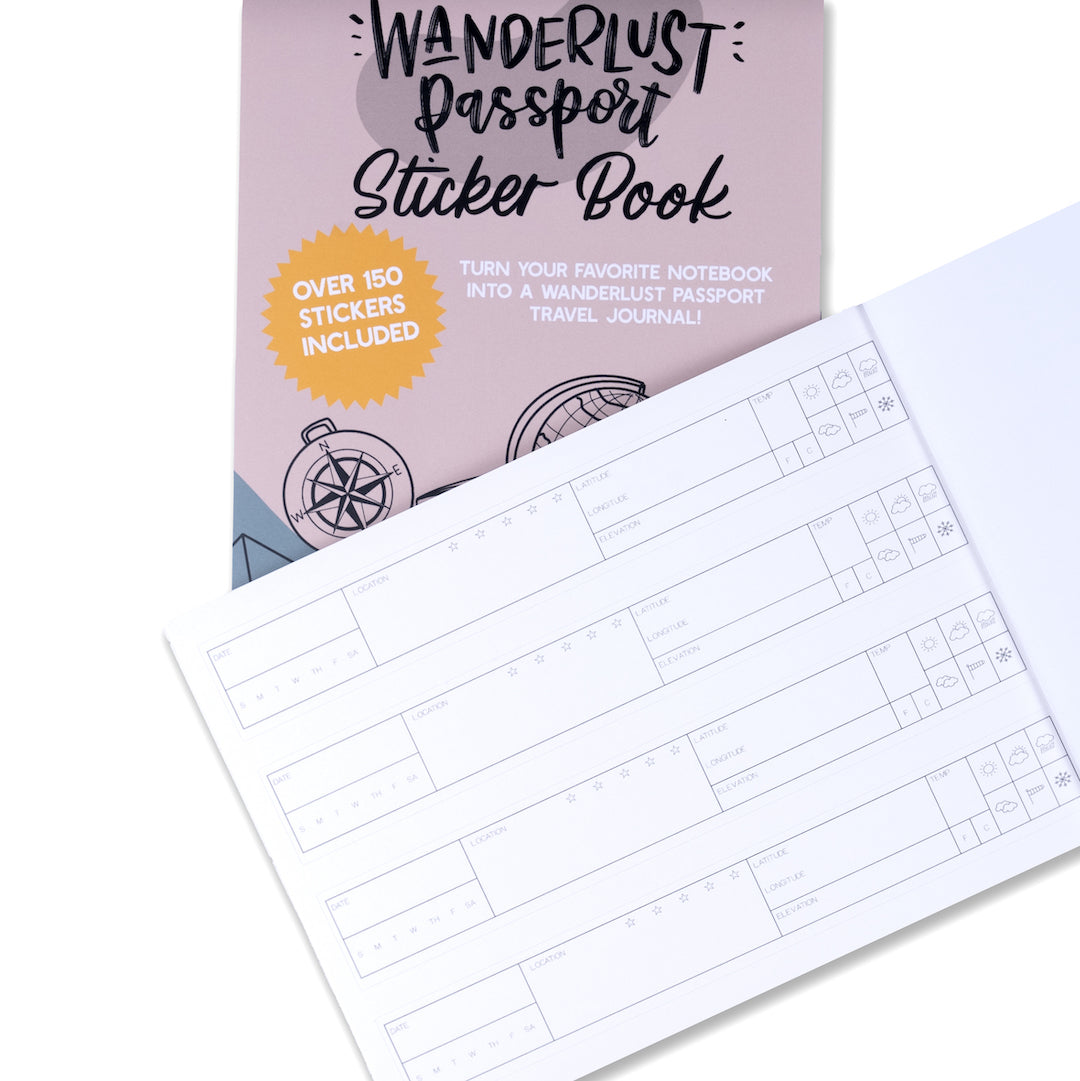the wanderlust passport sticker book and an open page of the sticker book slightly on top of it