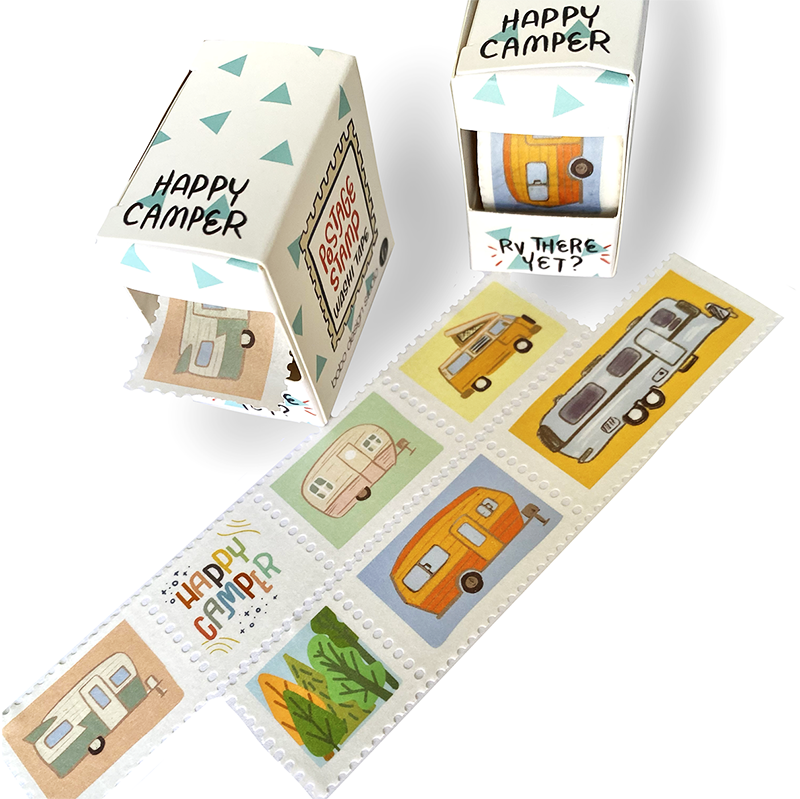 Happy Camper Postage Stamp Washi Tape by bobo design studio has little perforated stamps featuring different campers and RVs.