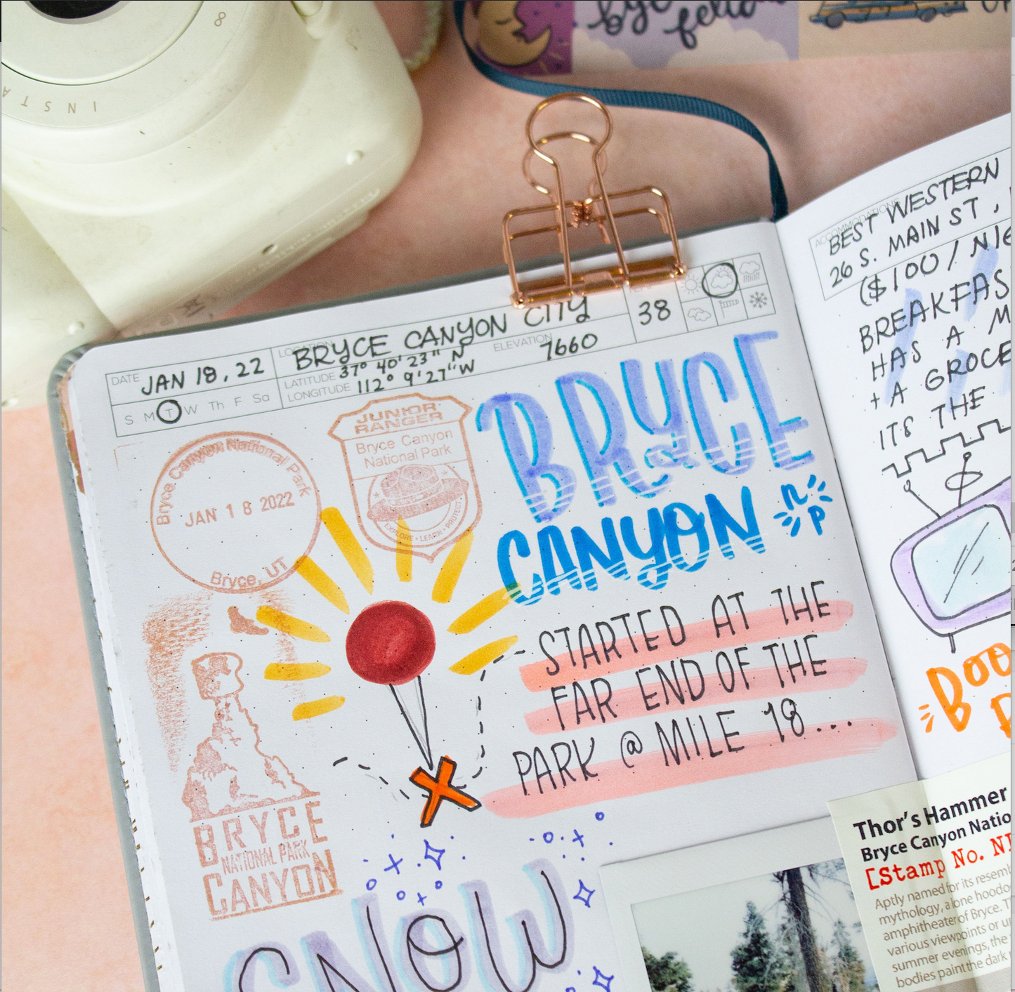 The Wanderlust Passport Travel Journal open to a page that has been filled in. The page's date, location, and weather tracker is filled-in. The page is about a trip to Bryce Canyon National Park, and includes date stamps, junior ranger stamps, drawings, printed photos, and stickers telling the story of the writer's trip.