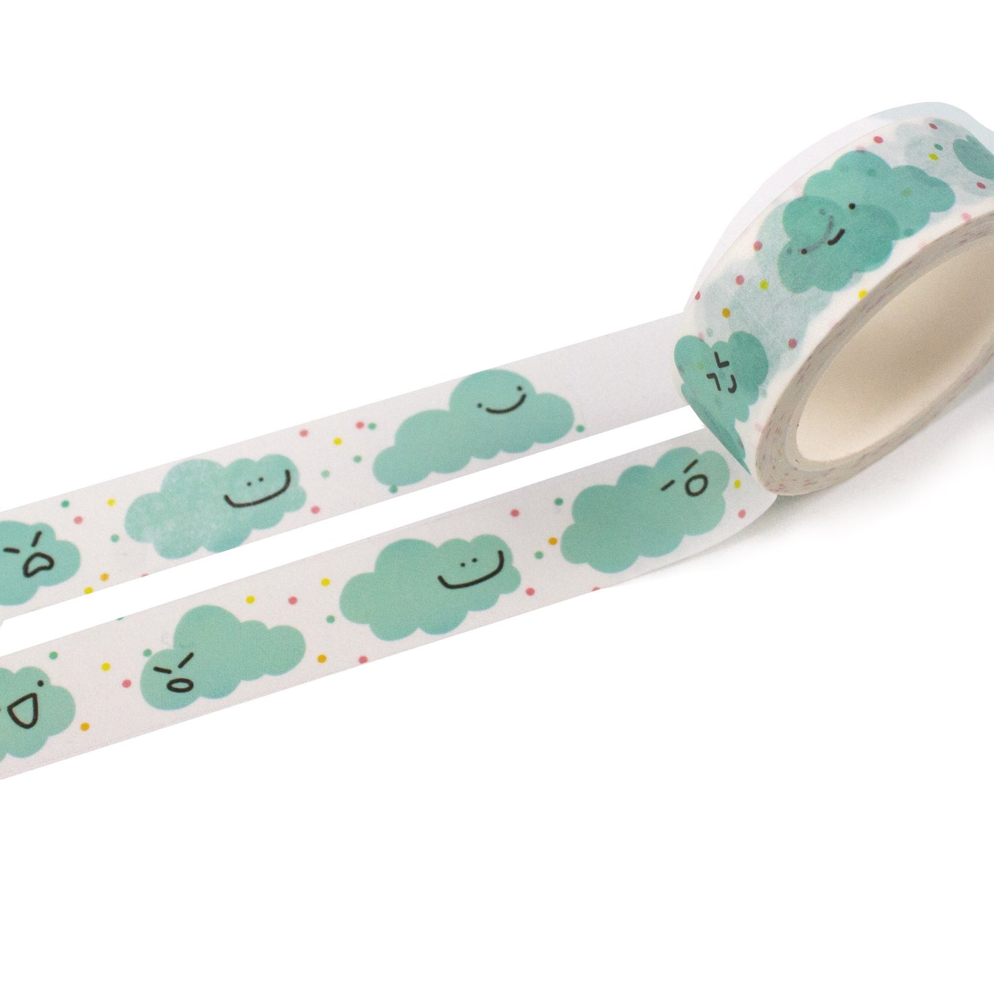 climate change washi tape rolled out. its white tape with blue clouds making various expressions