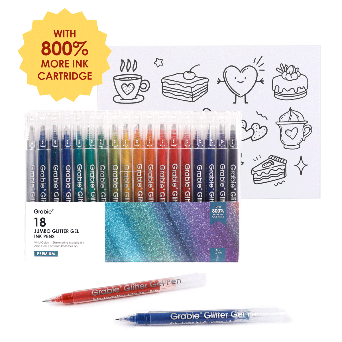 Jumbo Iridescent Glitter Gel Ink Pen of 18 with Coloring Book