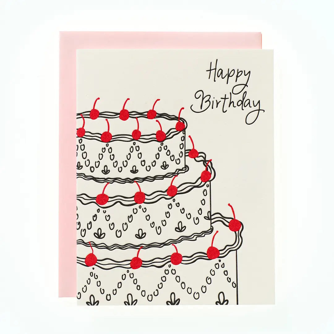 Fancy Birthday Cake with Cherries- Greeting Card