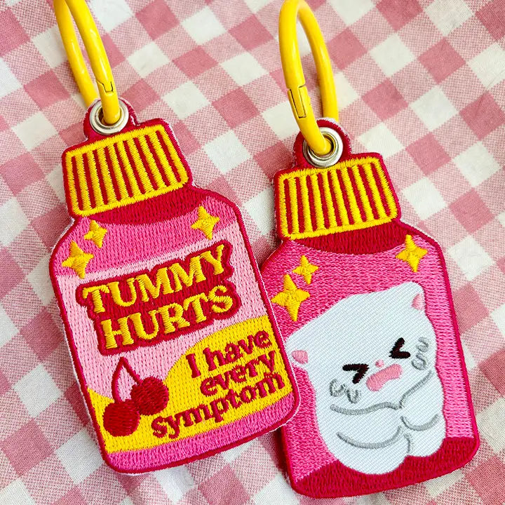 Tummy Hurts Medicine Embroidered Bag Charm Keychain
