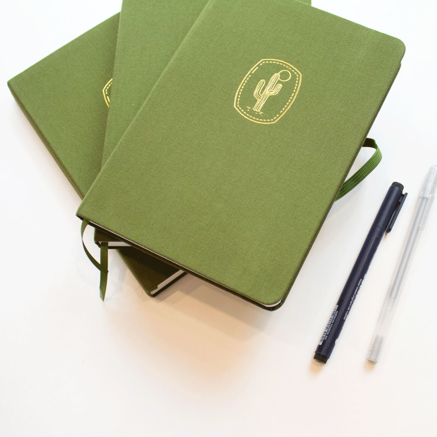 A stack of 3 cactus bobo dot grid journals and two pens. You can see the ribbon bookmarks sticking out from the bottom of the journals, and the elastic closure that has been pulled open.