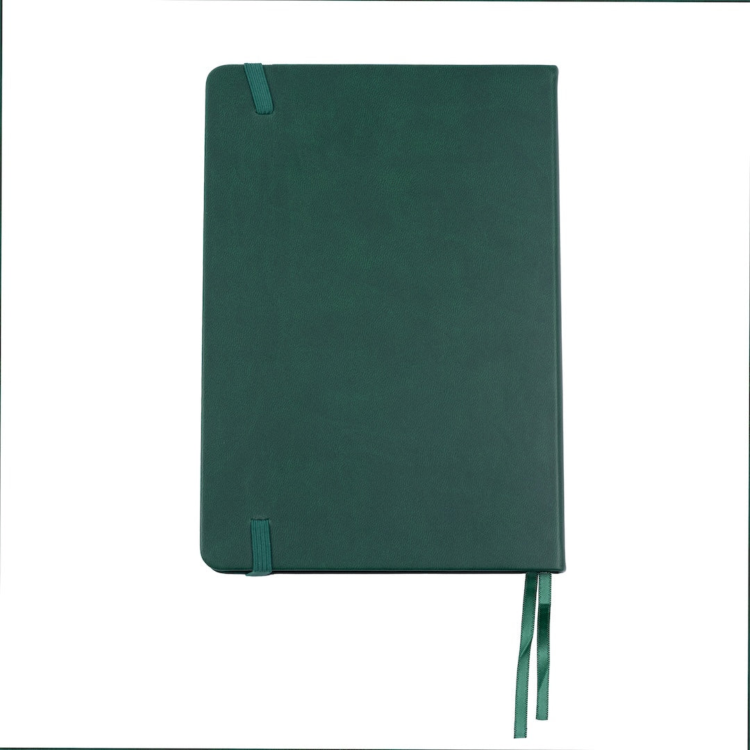 The back cover of the A5 bobo Black Dot Grid Journal in "Cactus" with a dark green smooth vegan leather cover. The end points where the elastic closure connects into the cover are visible. A matching green ribbon bookmark sticks out from the bottom of the journal. The corners of the cover furthest from the spine are rounded and not sharp.