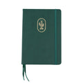 The A5 bobo Black Dot Grid Journal in "Cactus" with a dark green smooth vegan leather cover. A gold foil saguaro cactus illustration is stamped onto the front cover. A matching green  ribbon bookmark and elastic closure can be seen.
