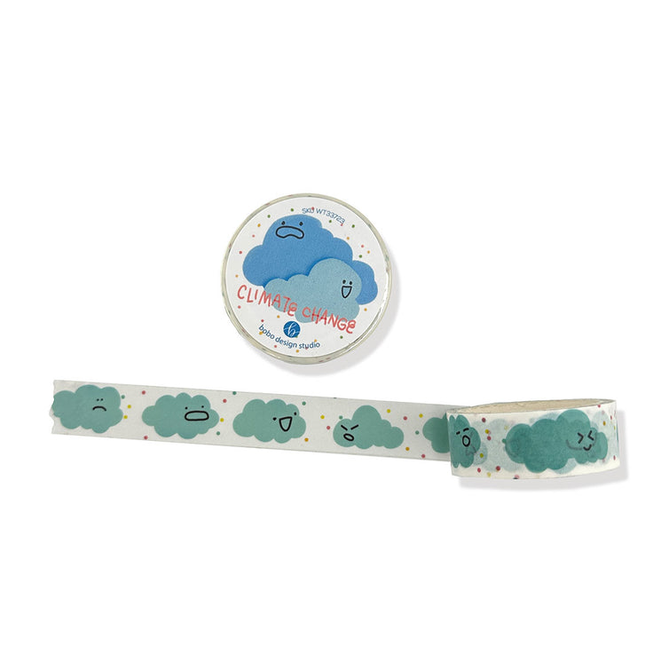 climate change washi tape rolled out and one in the package white tape with blue clouds making various expressions