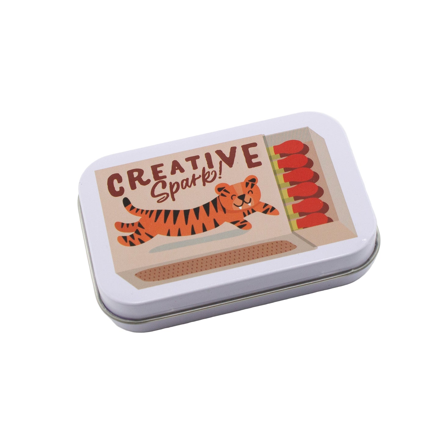 Tin box with a tiger illustration on matches and 'Creative Spark' text on a white background