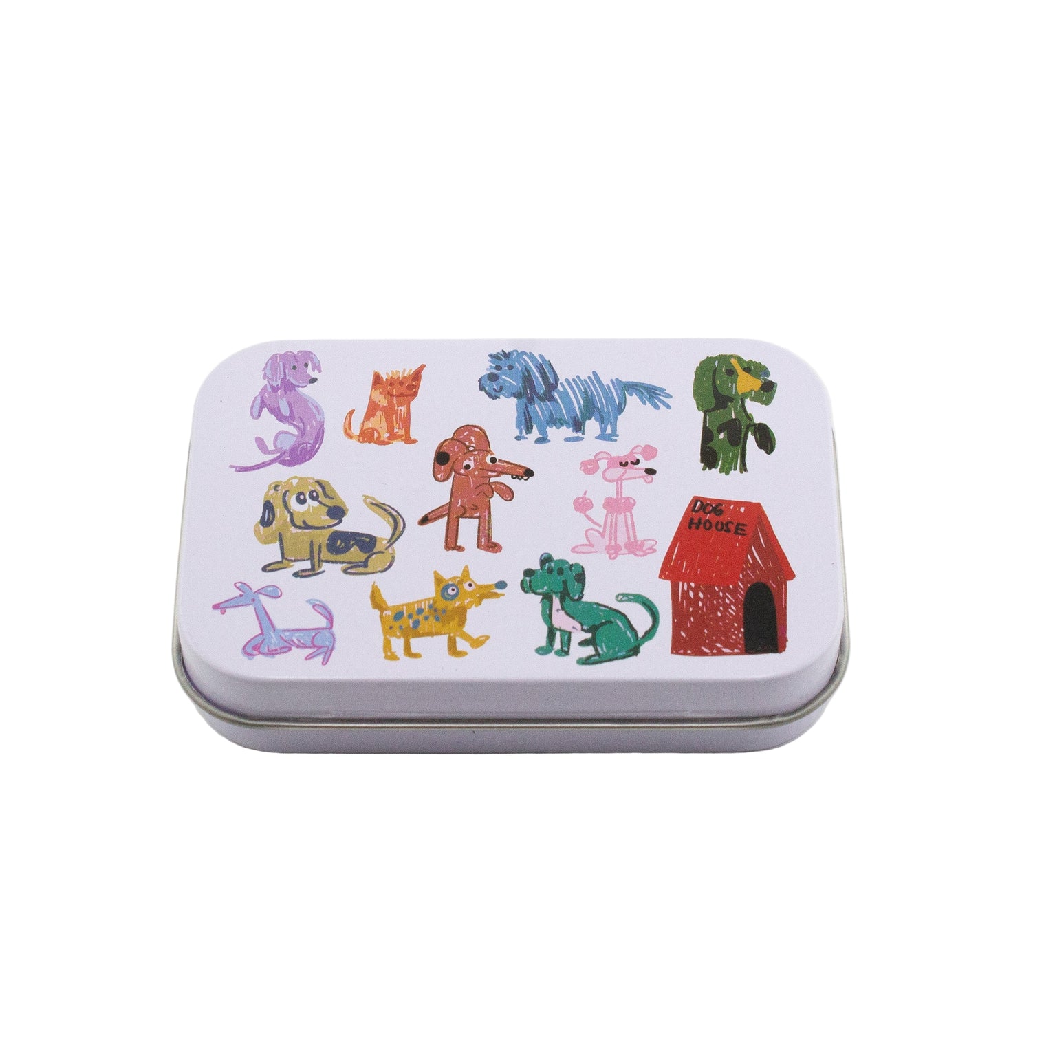 Small rectangular tin with colorful dog illustrations on a white background