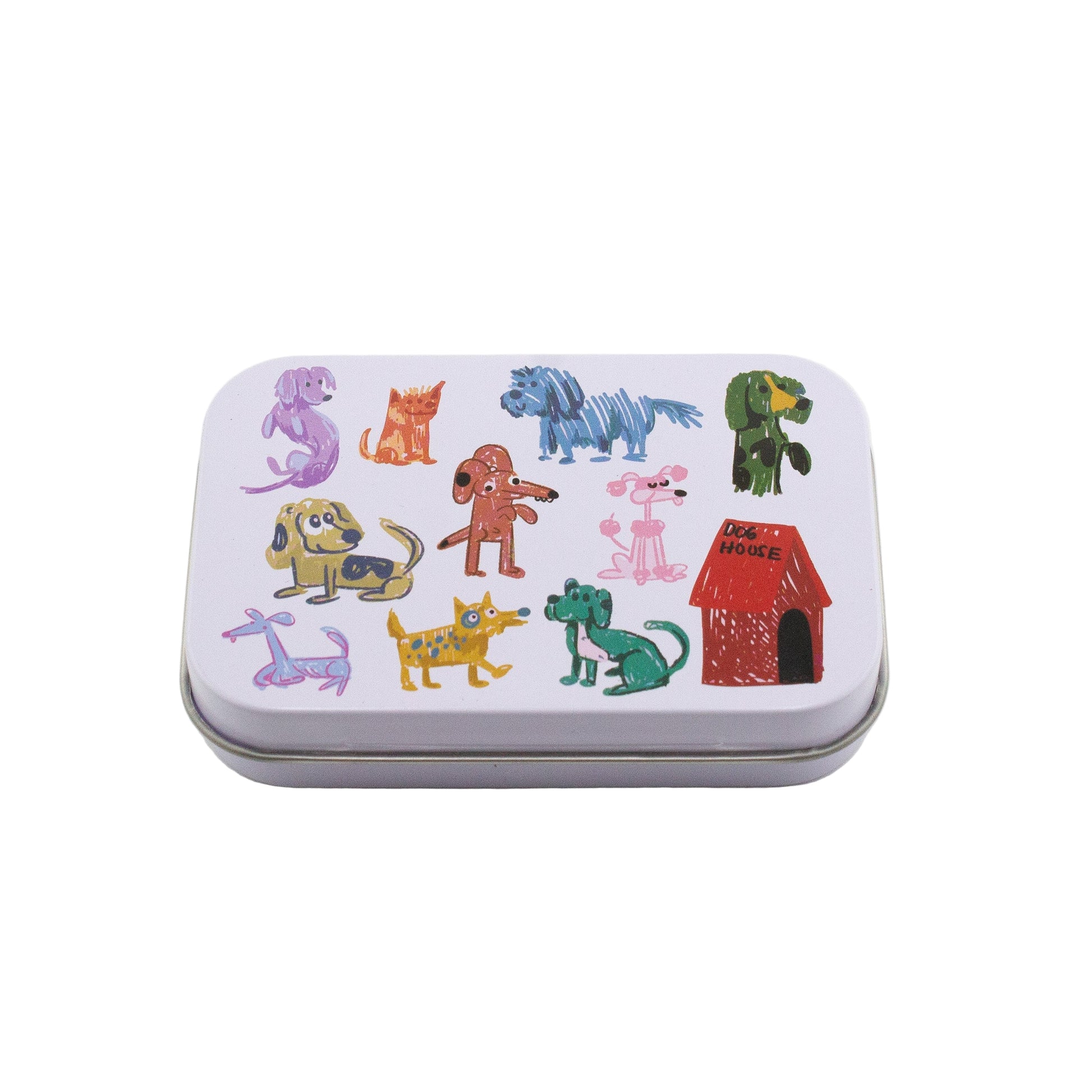 Small rectangular tin with colorful dog illustrations on a white background