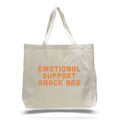 white cream canvas tote bag with the words "emotional support snack bag" in orange lettering