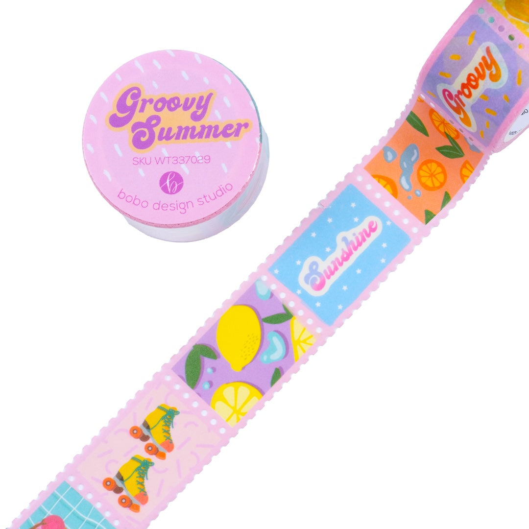 groovy summer postage stamp washi tape rolled out light pink boarder with retro style designs on each stamp