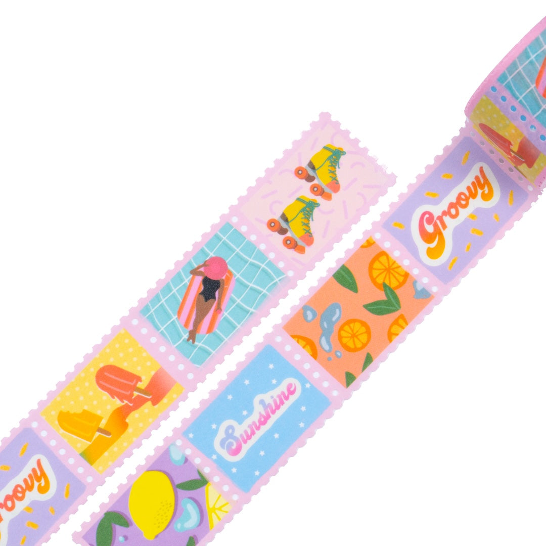 groovy summer postage stamp washi tape rolled out light pink boarder with retro style designs on each stamp