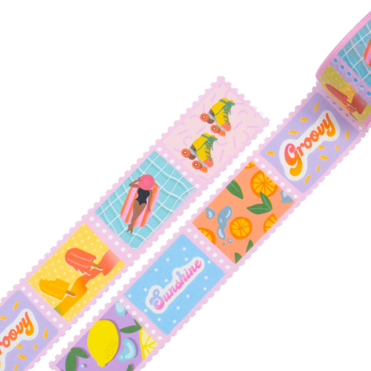 groovy summer postage stamp washi tape rolled out light pink boarder with retro style designs on each stamp