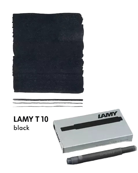Lamy T10 black pen set with ink cartridges and packaging on a white background