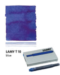 Lamy T10 blue ink cartridge packaging with ink swatch on a white background