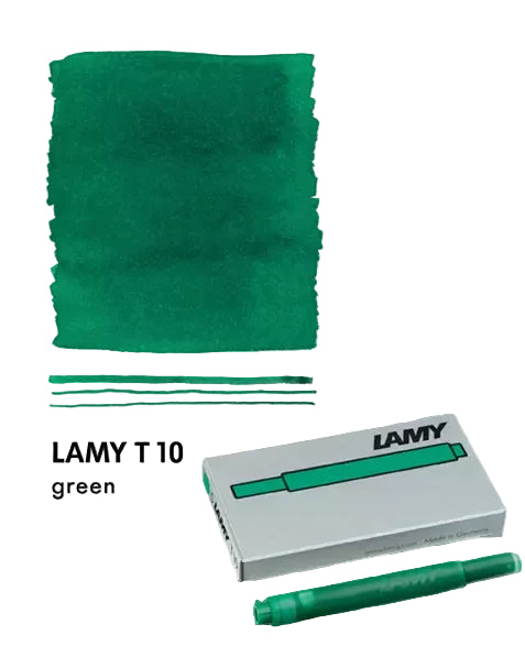 Lamy T10 green ink cartridge packaging with ink pad and cartridges on a white background