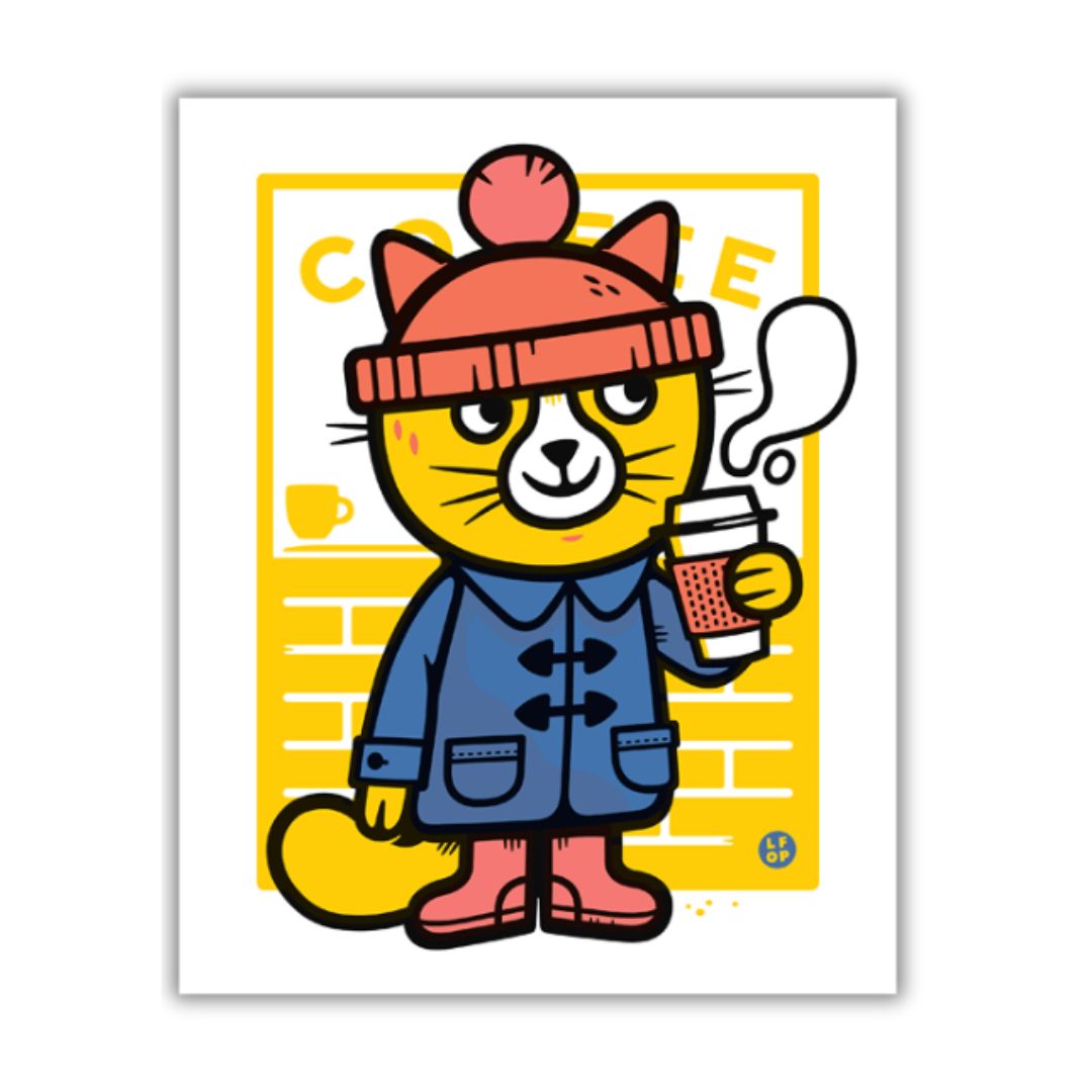 Coffee Cat - Art Print - 8x10- Silkscreen - Little Friends of Printmaking LFOP