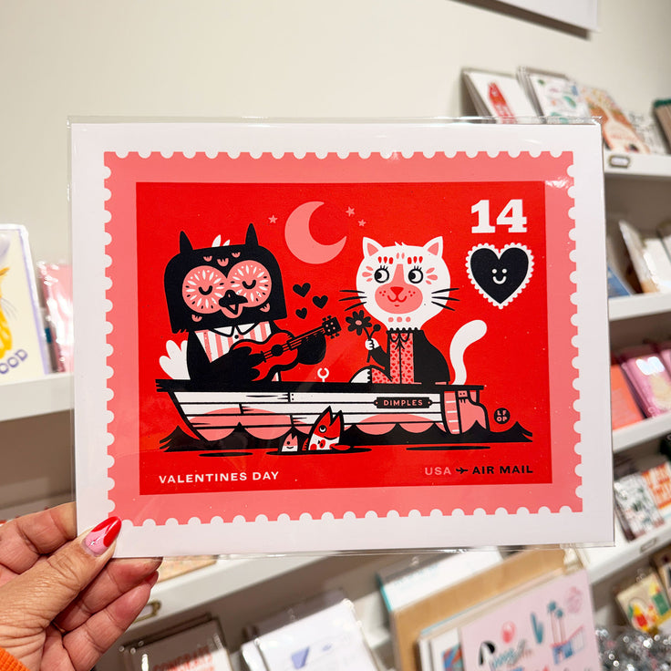 Valentines Stamp Owl and Pussycat Print 8x10 - Little Friends of Printmaking LFOP