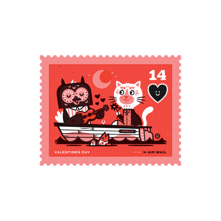 Valentines Stamp Owl and Pussycat Print 8x10 - Little Friends of Printmaking LFOP