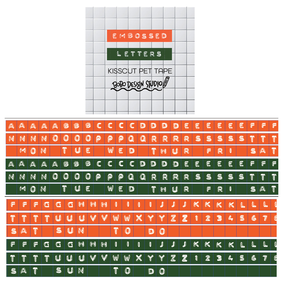 Embossed Letters Kiss Cut PET Tape - Orange and Green