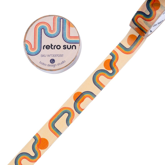 Retro Sun washi tape photographed on white with a sample strip if our retro sun design