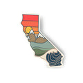 state of california sticker with orange and red sky, a sunset, mountians with snow, and ocean waves.