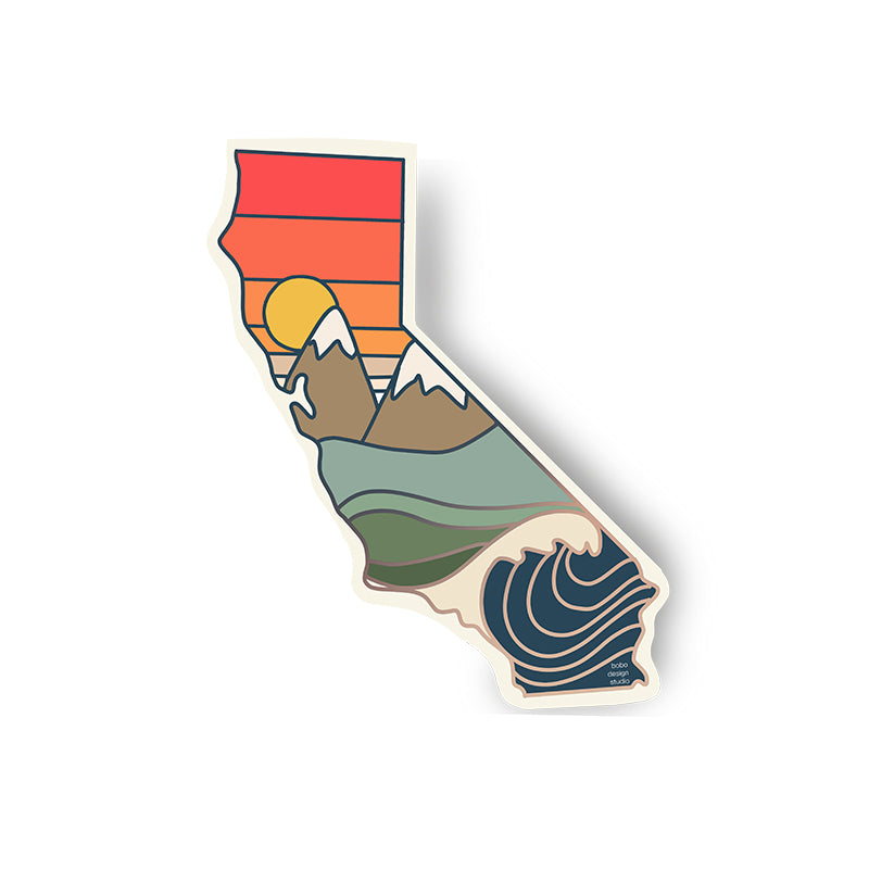 state of california sticker with orange and red sky, a sunset, mountians with snow, and ocean waves.