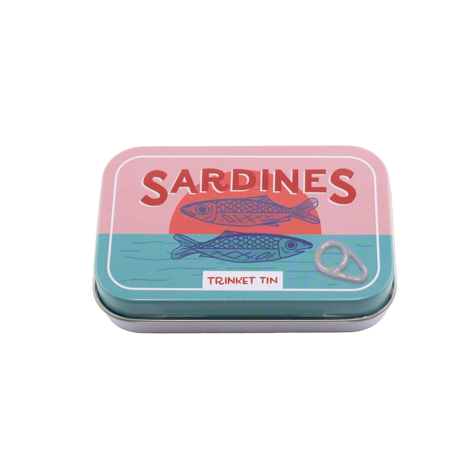 Small metal tin labeled 'Sardines' with fish illustrations on a white background