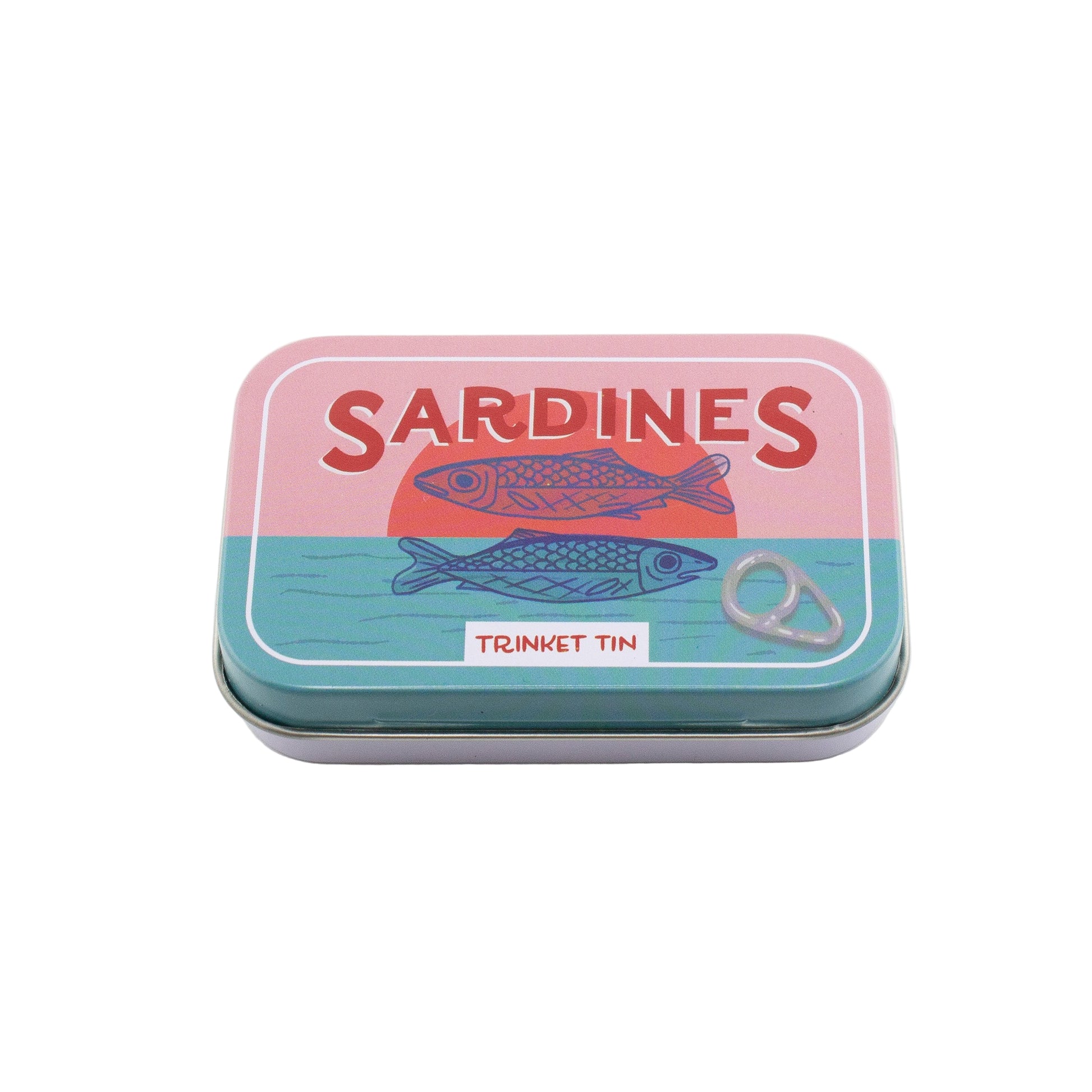 Small metal tin labeled 'Sardines' with fish illustrations on a white background