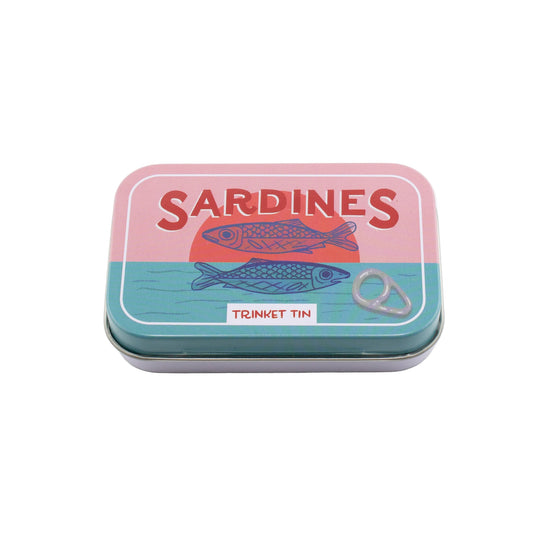 Small metal tin labeled 'Sardines' with fish illustrations on a white background