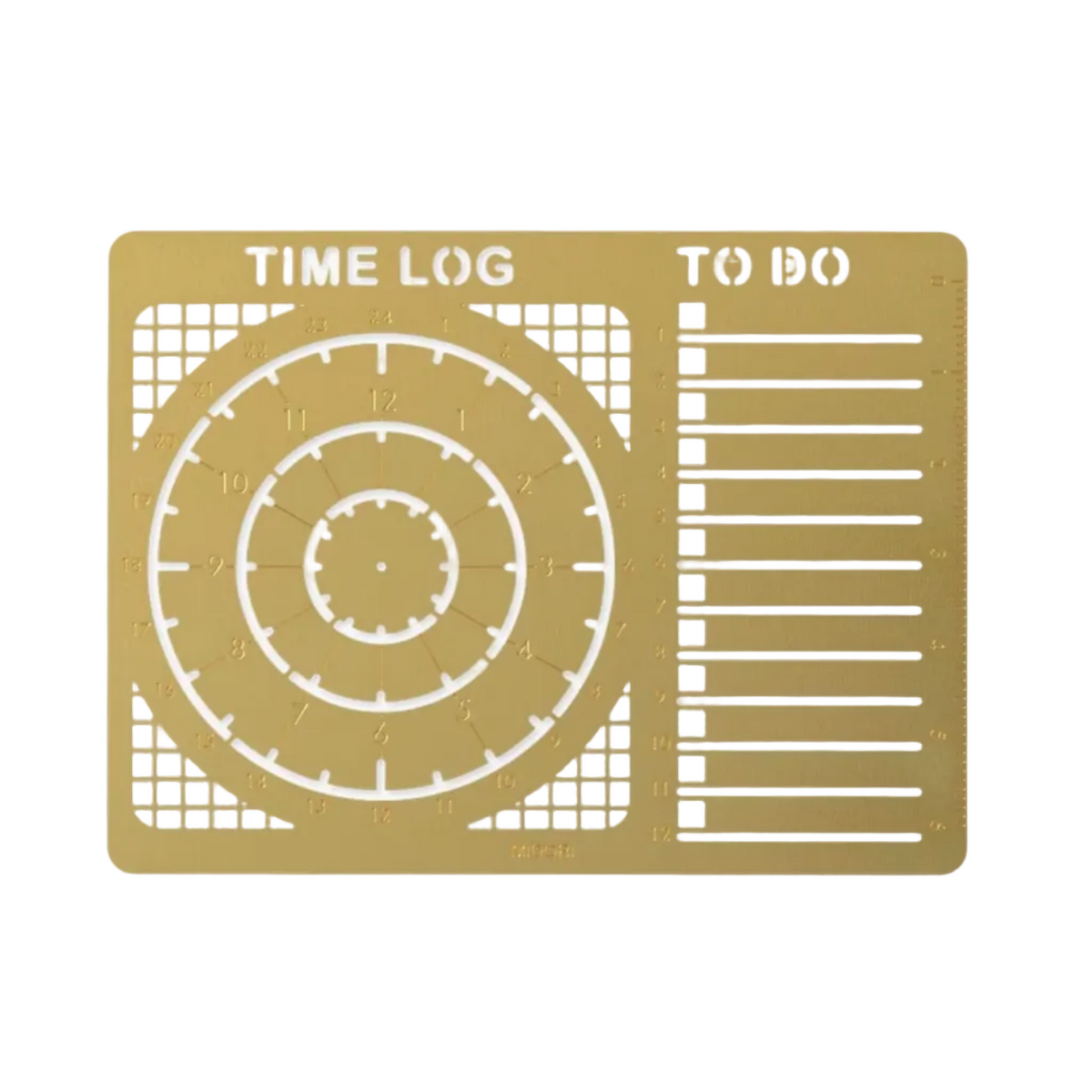 A gold, metal time log and to-do checklist template with white printed markings, shown on a light gray background with a black dimension line indicating 6cm.