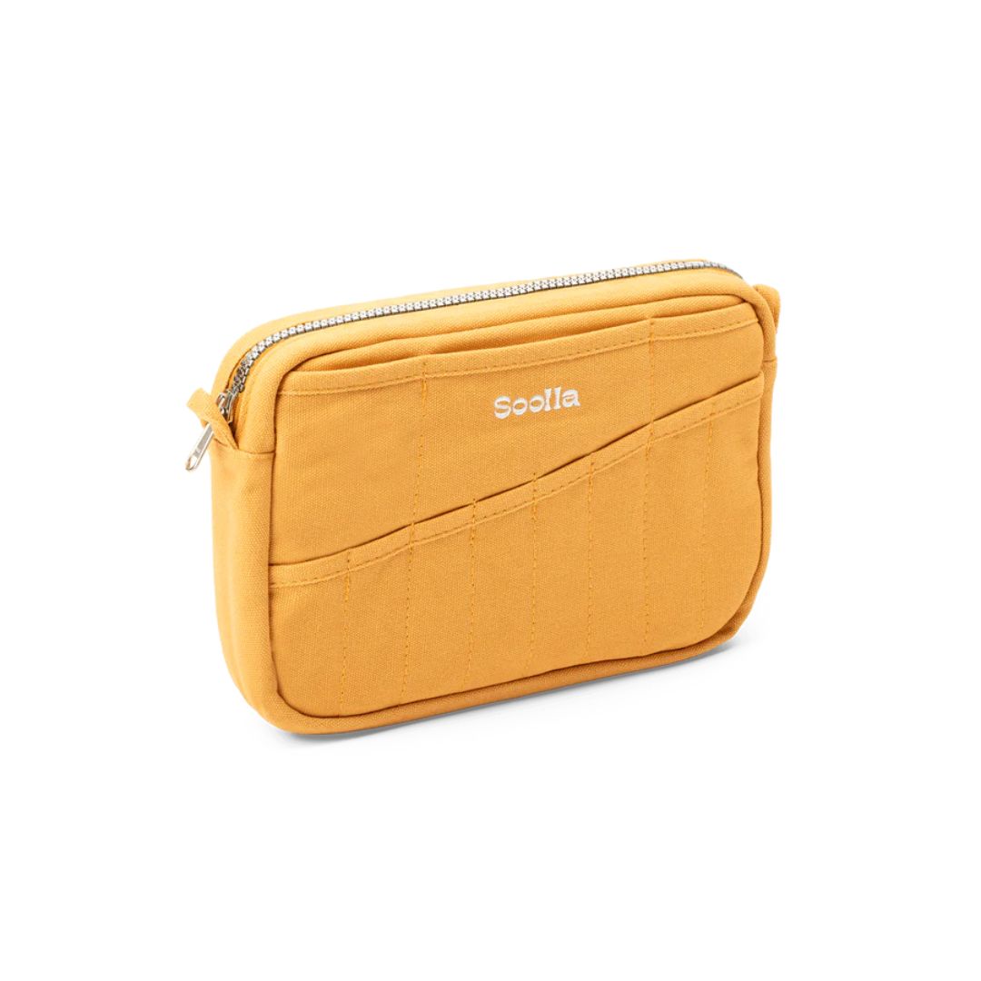 Yellow soolla  pouch with a brand logo on a white background