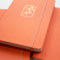 a zoomed in image of three tangerine journals stacked on each other