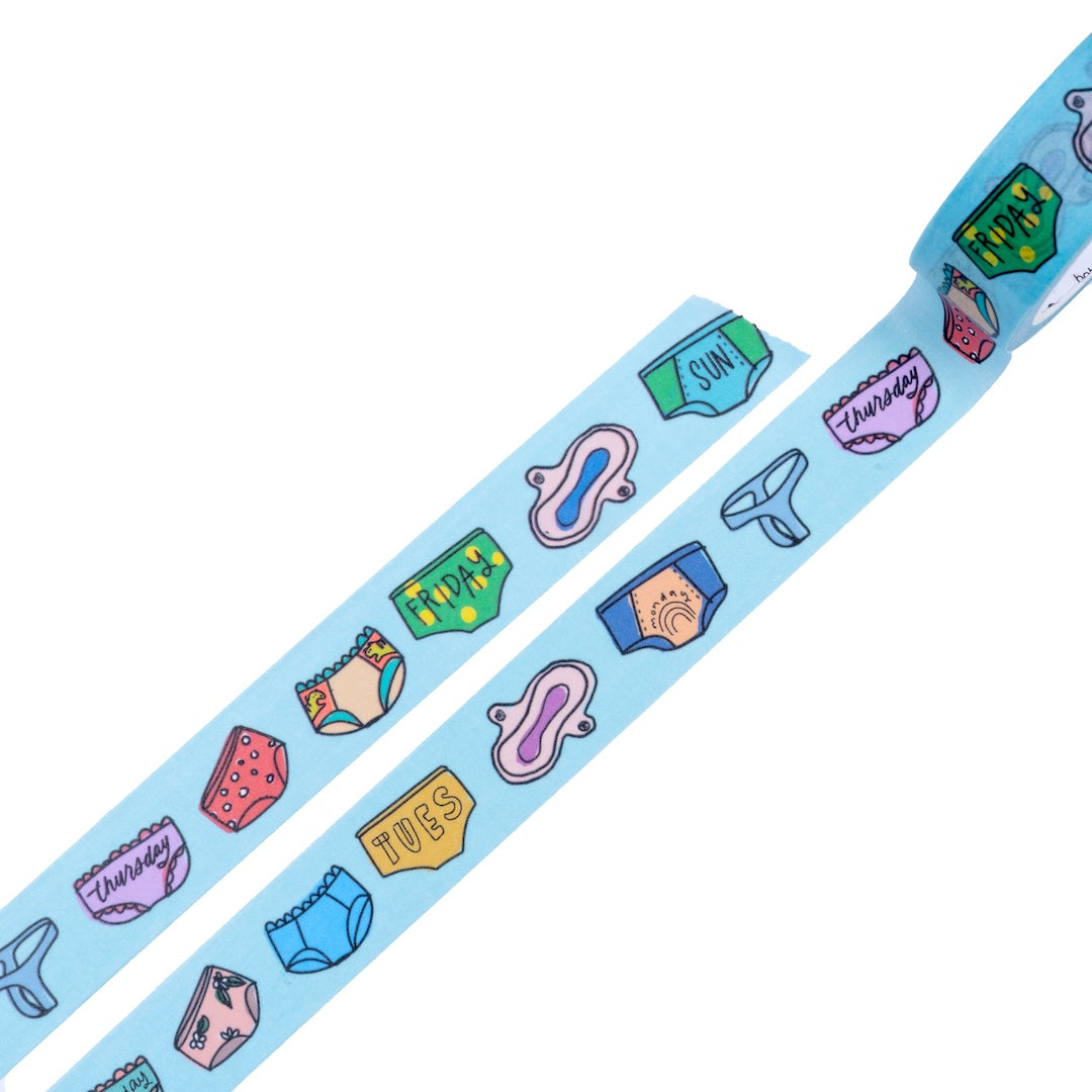 A swatch sample of the Underoos washi tape on a white background showing all the cute underwear illustrations