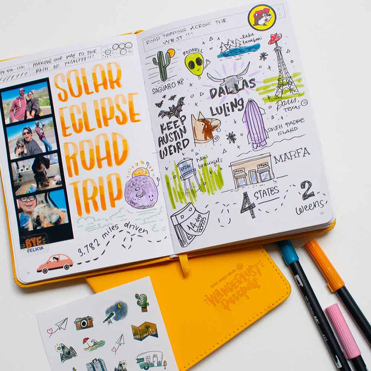a photo of the wanderlust passport travel journal opened up to a spread that has a hand drawn illustration of different things you can find in texas on a solar eclipse road trip.